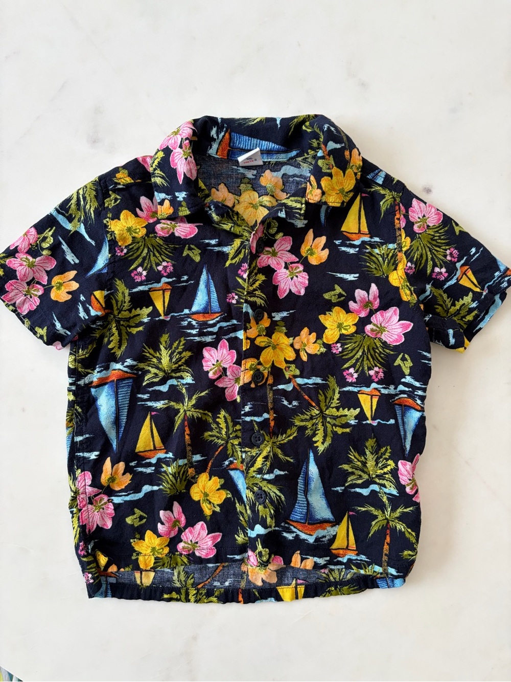 Old Navy Black Tropical Button-Down with Pink & Yellow Floral Print